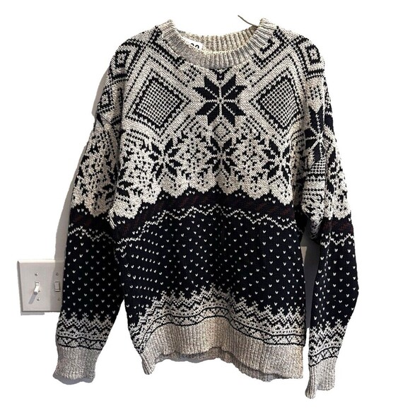 Vintage Gray Black Snowflake Knit Grandpa Sweater Mens XL Winter Cotton *Flaw - Picture 1 of 11